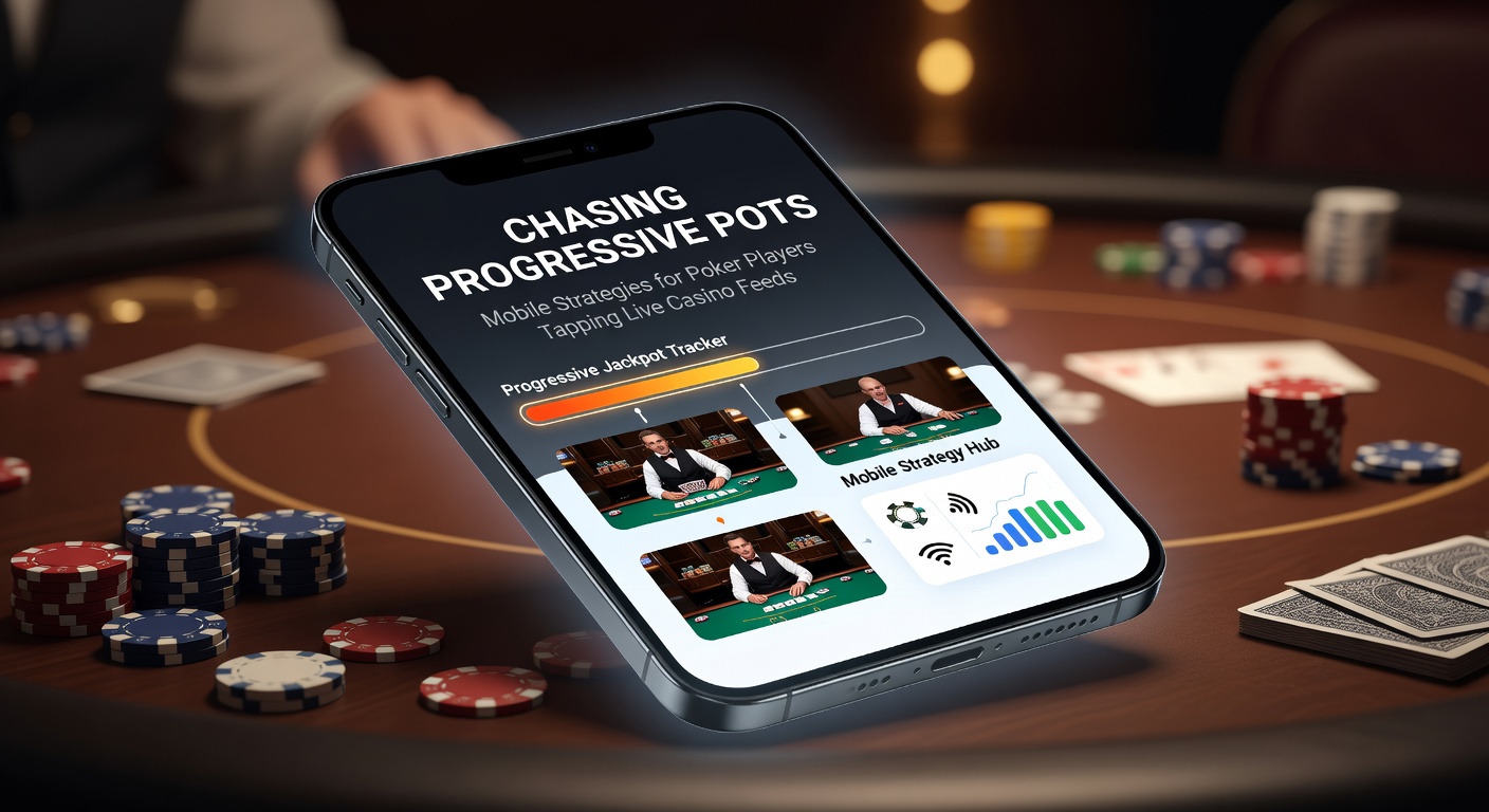 Mobile phone screen displaying a live poker table with a growing progressive jackpot pot, surrounded by casino chips and cards