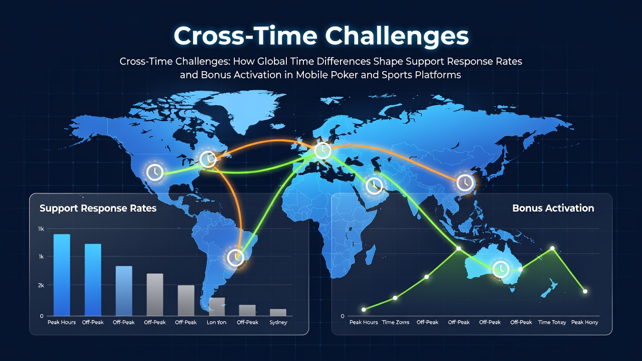 Global map highlighting time zones affecting mobile poker and sports betting platforms with support and bonus systems