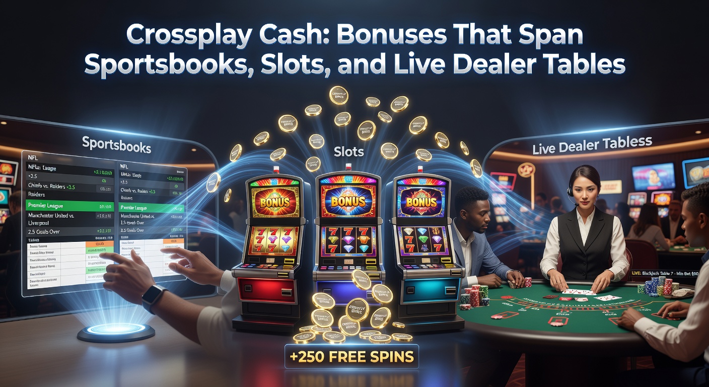 Screenshot of a mobile app dashboard displaying a crossplay bonus balance active on sports bets, slot reels, and live blackjack table