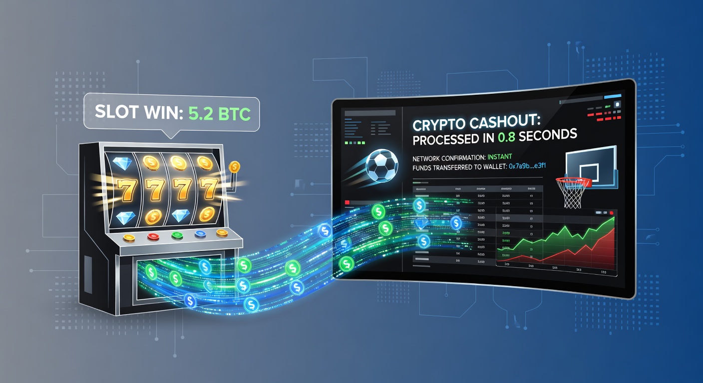 Comparison chart of withdrawal times: crypto at minutes versus fiat at days, overlaid on slot reels and sports stadium graphic