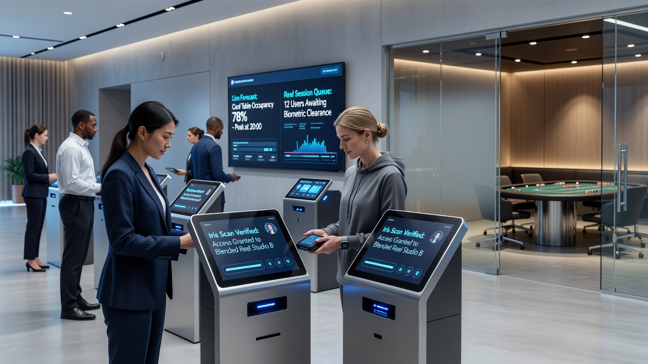 Mobile screen displaying integrated gambling dashboard with biometric login, reward tier progress, and transaction history across slots, table games, and sports betting