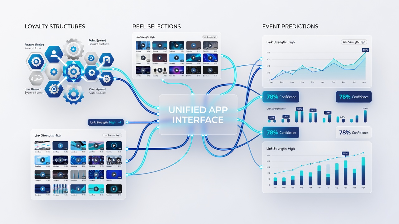 Loyalty dashboard mapping points from reels to sports predictions in a mobile app