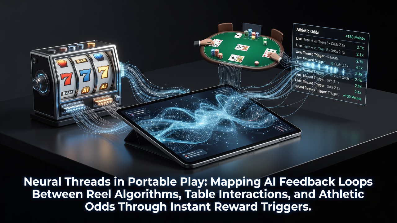 AI neural network visualization connecting mobile slot reels, card tables, and sports odds interfaces