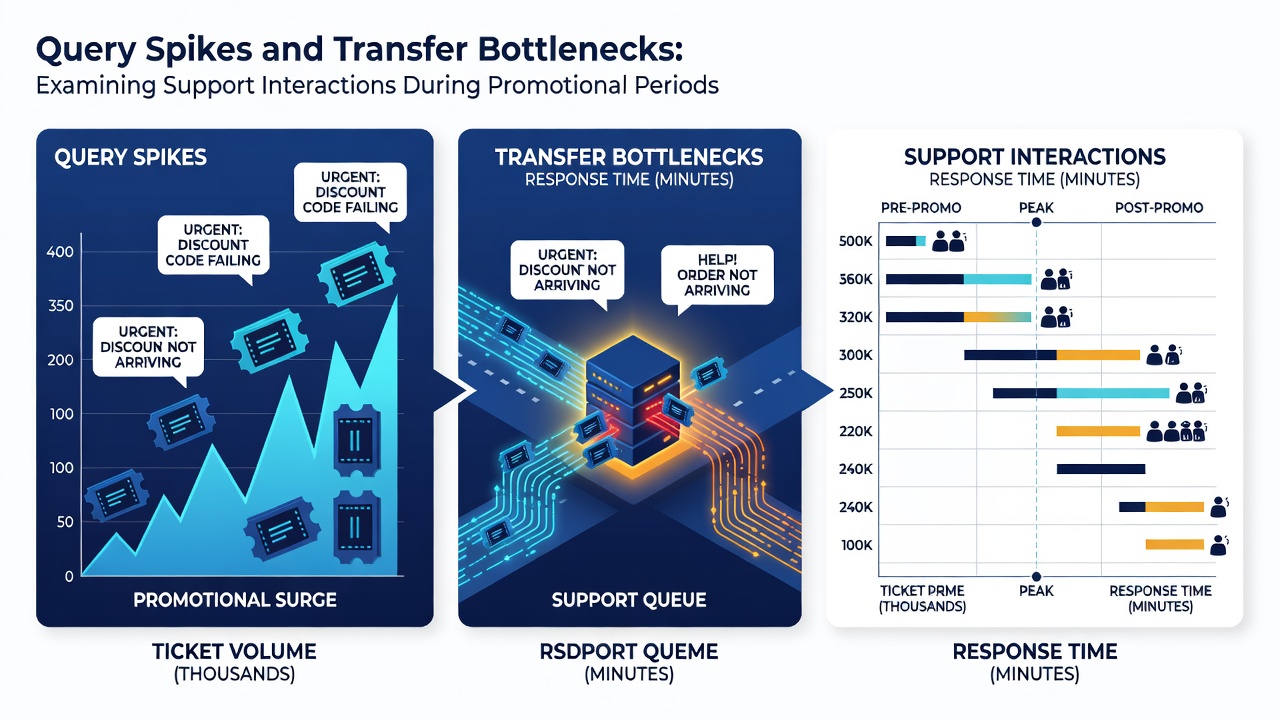 Data visualization of query volume and transfer processing delays during peak promotional windows