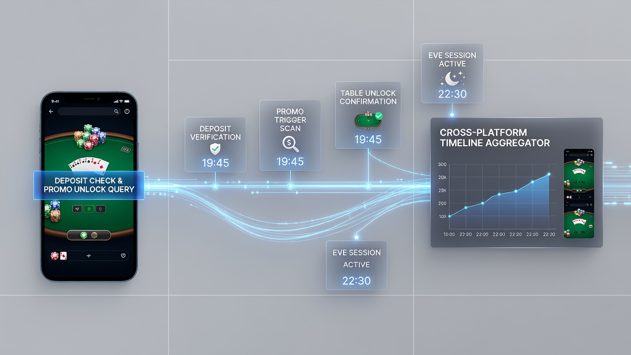 Timeline graphic illustrating deposit check stages leading to promotional credit activation in poker and betting apps