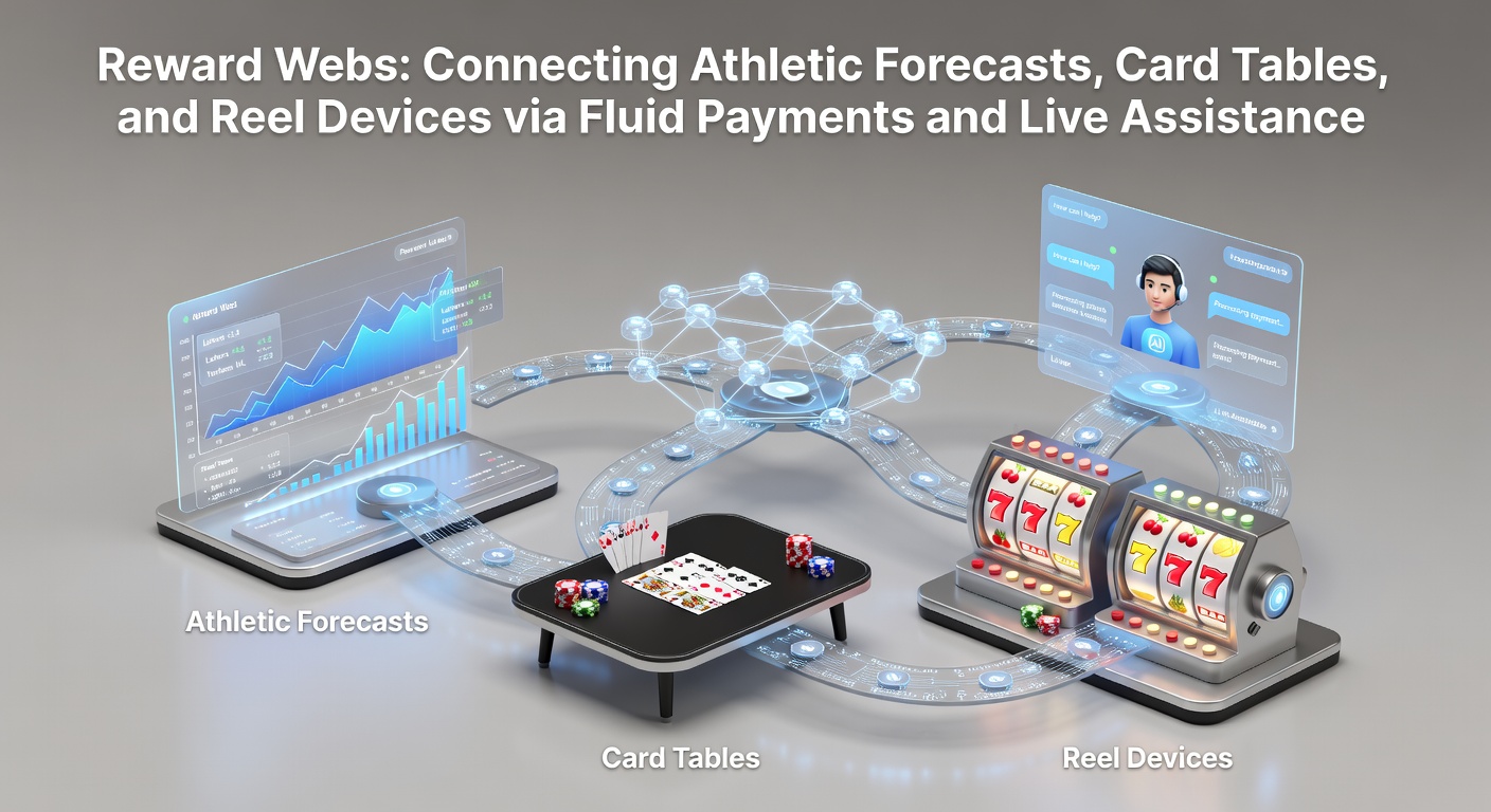 Integrated reward system dashboard showing connections between sports betting forecasts, live card tables, and slot reel devices with seamless payment flows