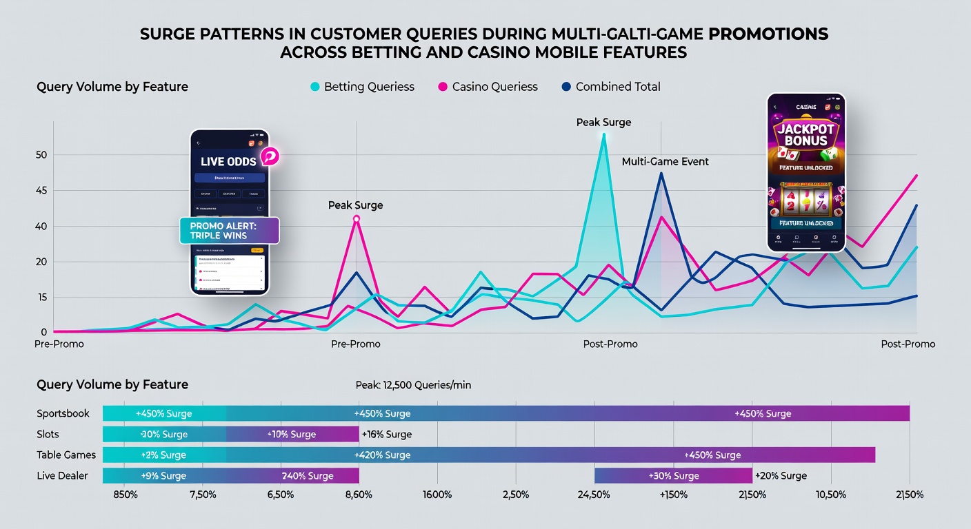 Analytics dashboard displaying query surge patterns across betting and casino mobile features during promotions